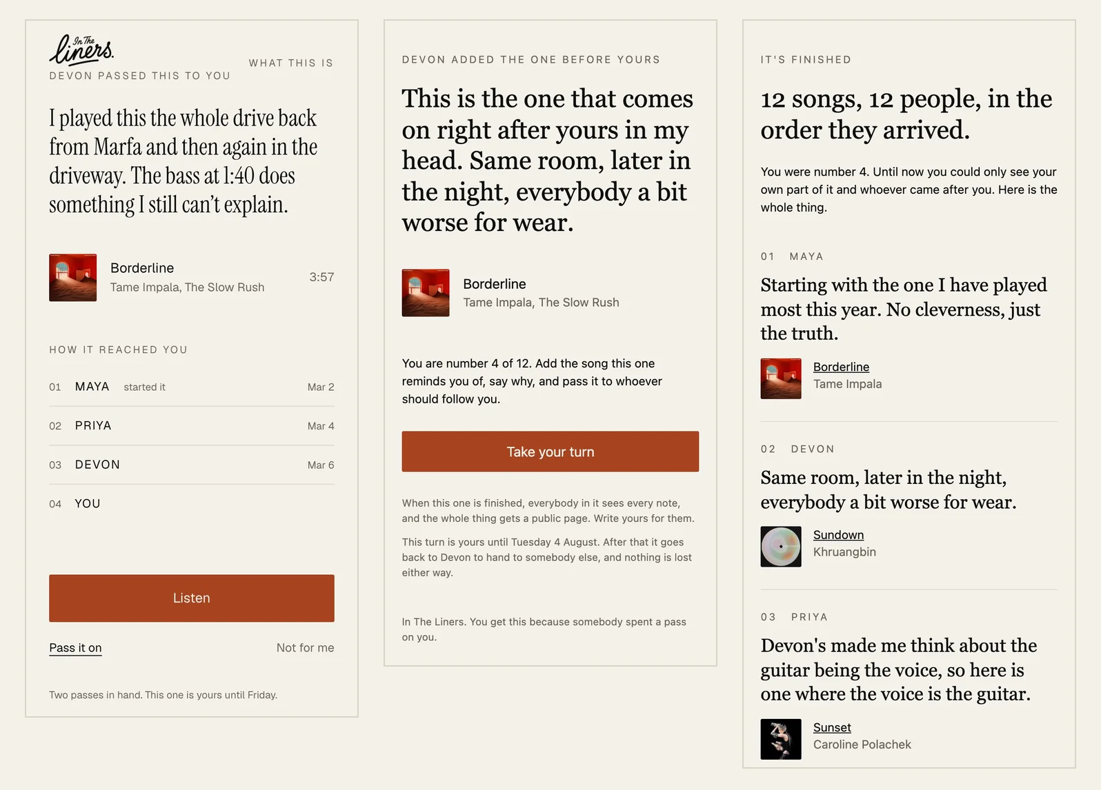 Three screens: receiving a song with the note set large, a relay turn by email, and a finished relay with every note in the order it arrived